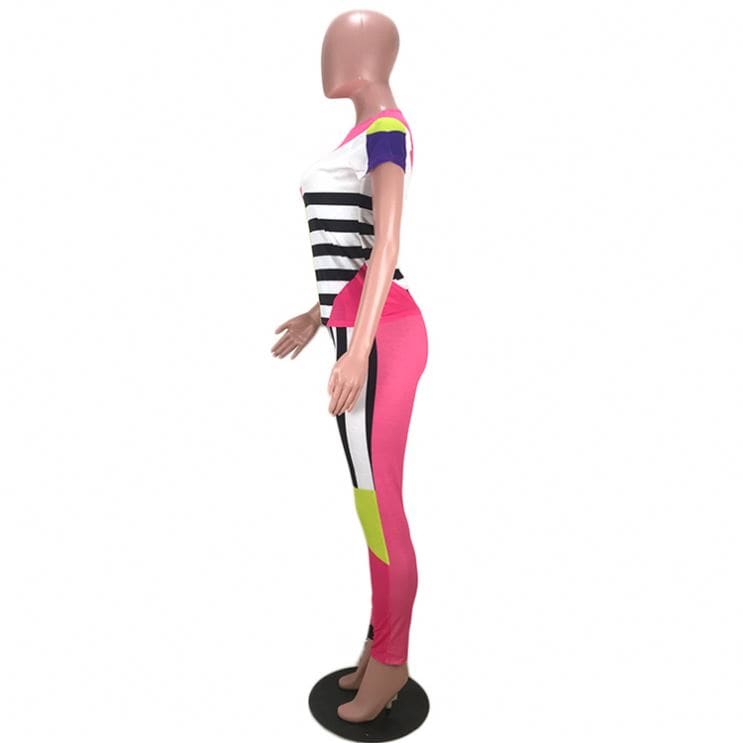 S3856 Fall clothing Casual lady short sleeve pink patchwork bodycon two piece tracksuits set for women clothing