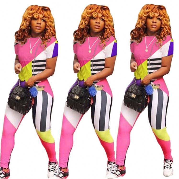 S3856 Fall clothing Casual lady short sleeve pink patchwork bodycon two piece tracksuits set for women clothing