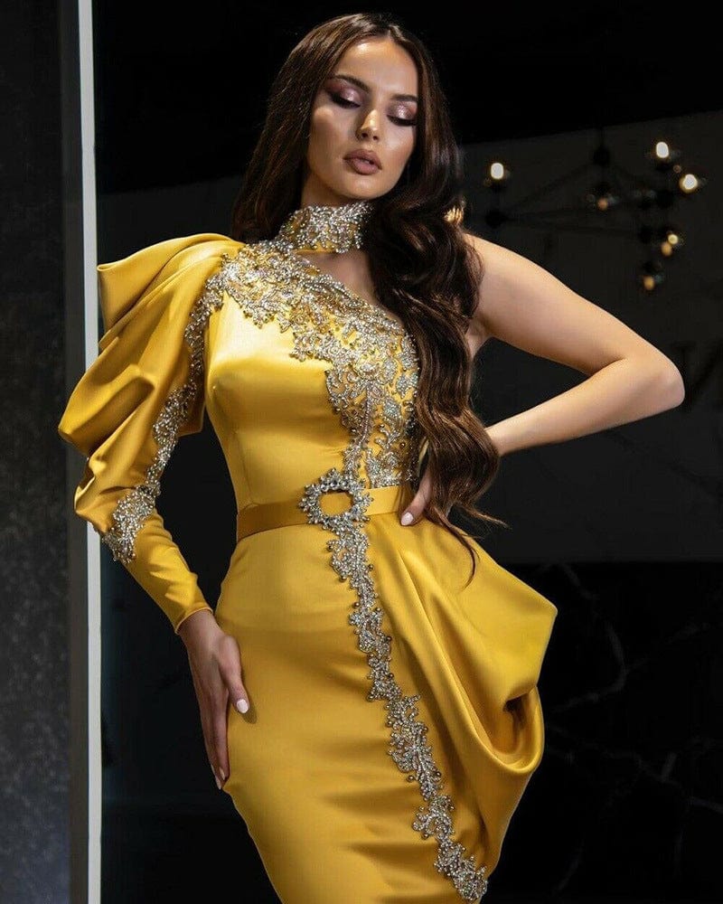 S4146F 2022 new high-neck single-sleeve heavy hand-drilling speed slim fishtail tail plus size evening dresses elegant