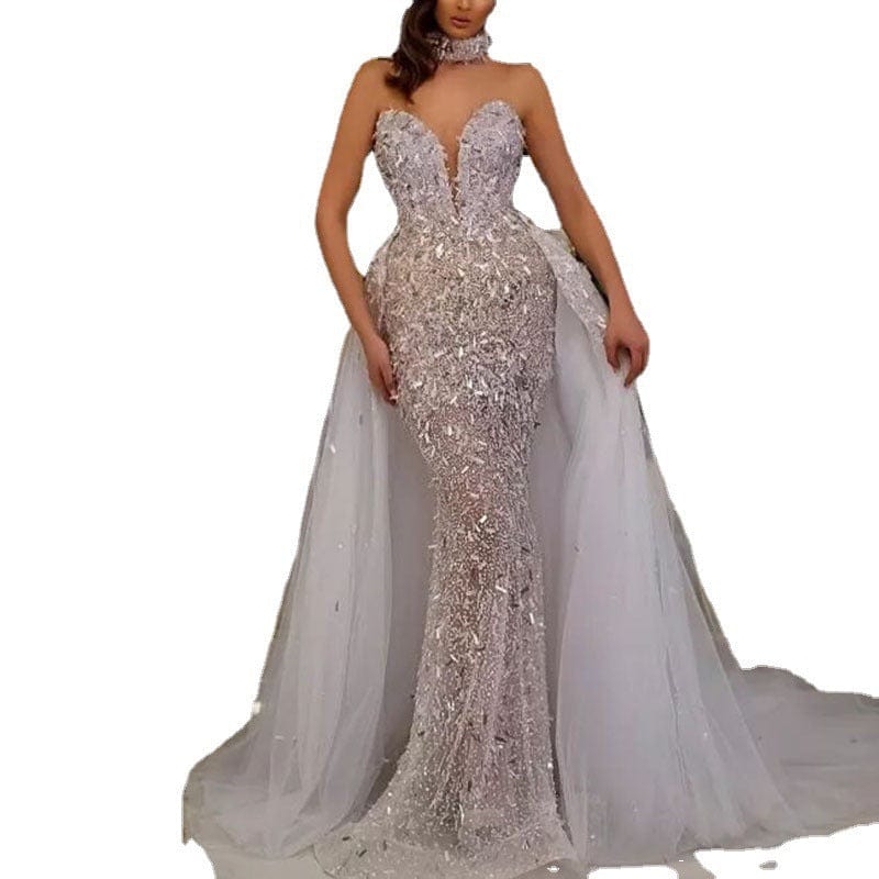 S4149F 2022 new high quality women sexy deep V heavy handmade lace detachable trailing dinner dress party lady evening