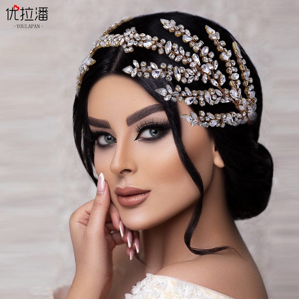 S4190F Bridal Handmade Pearl Wide Headband Gold Leaf Rhinestone Shaped wedding hair accessories tiaras