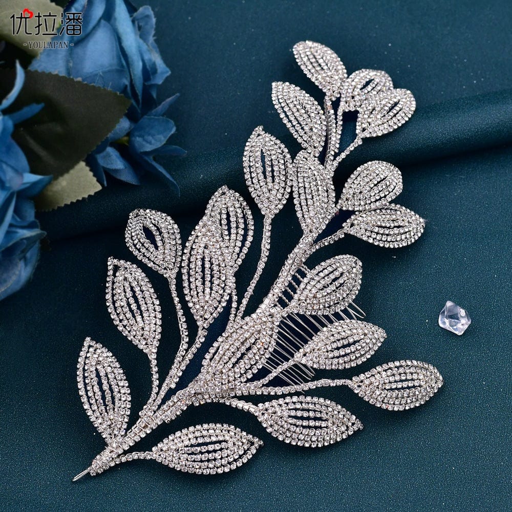 S4195F Bridal Hair Comb Heavy Industry Rhinestone Headdress Plate Hair Accessories Silver Leaves tiara crown bridal