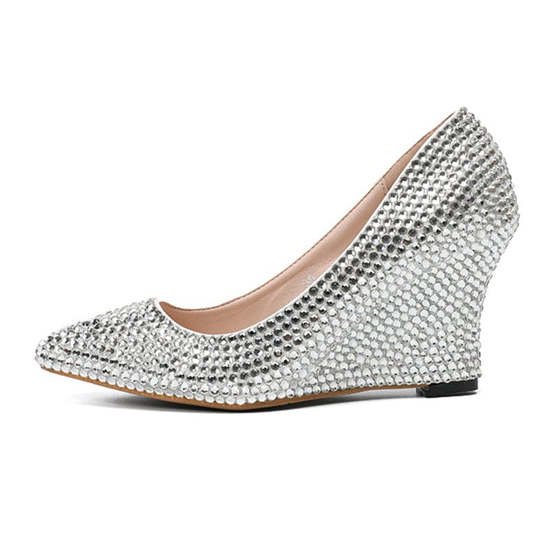 S4646F     New Wedge Silver Rhinestone Shallow Cut Diamond shoes for wedding women