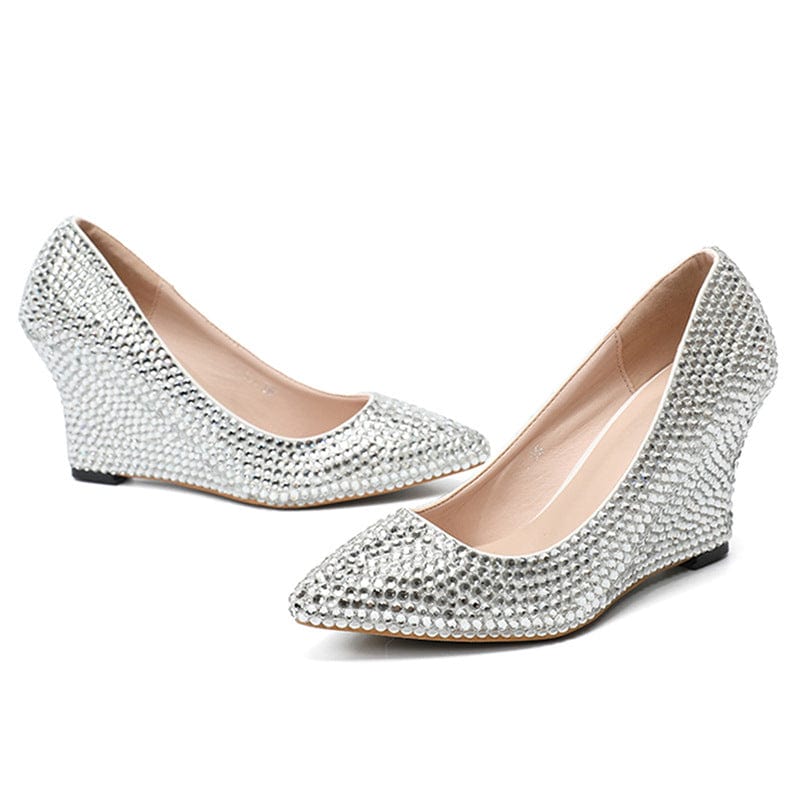 S4646F     New Wedge Silver Rhinestone Shallow Cut Diamond shoes for wedding women