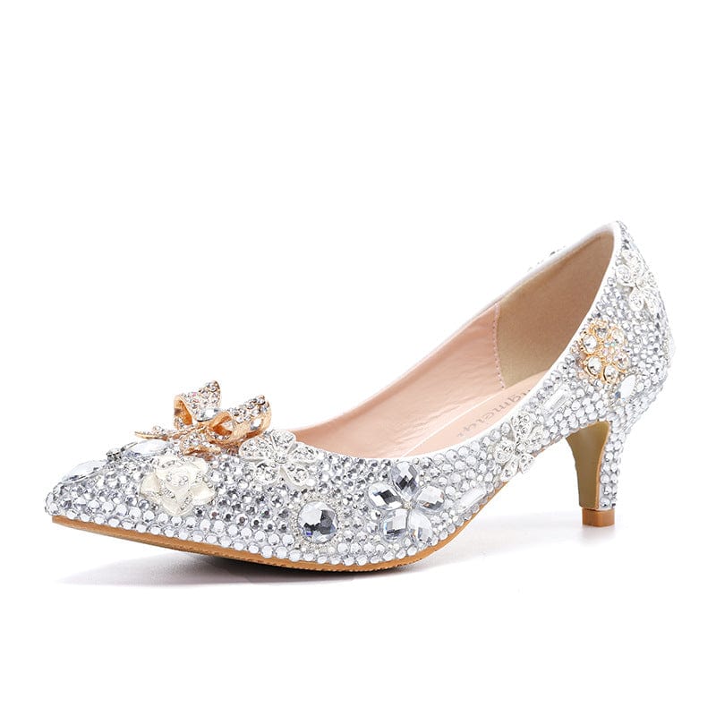 S4658F     New low-top pointed toe silver sparkling diamond stiletto everyday fashion  bridal shoes for weddings
