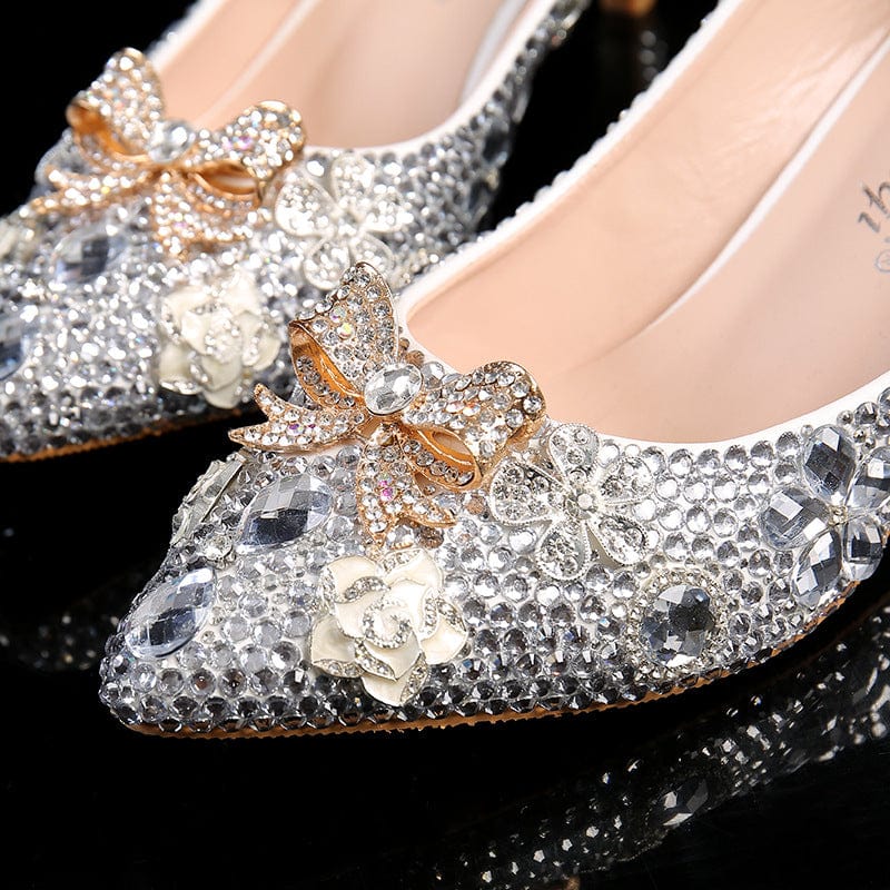 S4658F     New low-top pointed toe silver sparkling diamond stiletto everyday fashion  bridal shoes for weddings