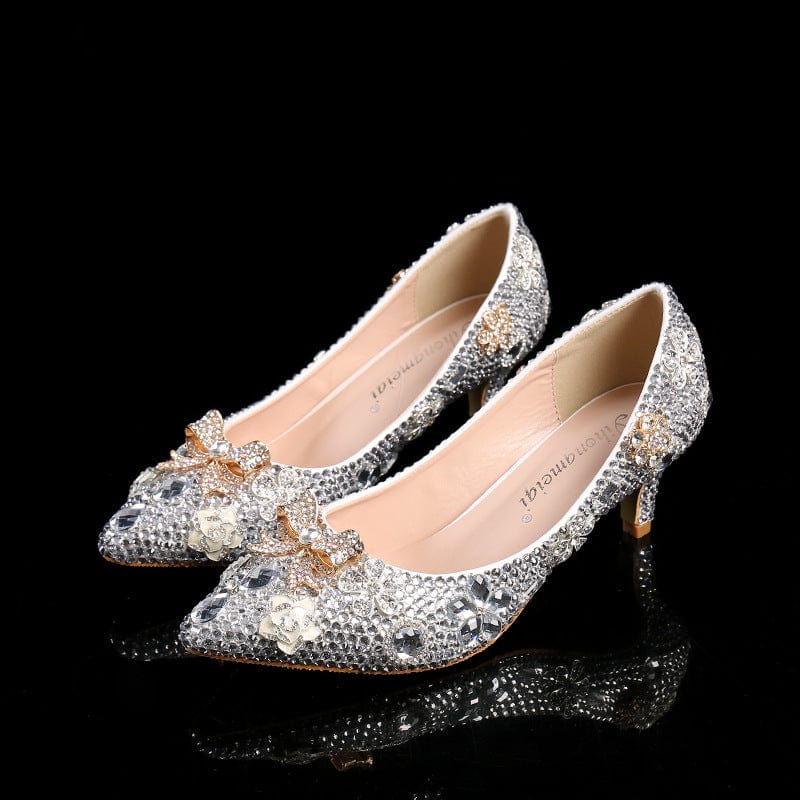 S4658F     New low-top pointed toe silver sparkling diamond stiletto everyday fashion  bridal shoes for weddings