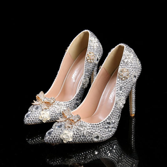 S4658F     New low-top pointed toe silver sparkling diamond stiletto everyday fashion  bridal shoes for weddings
