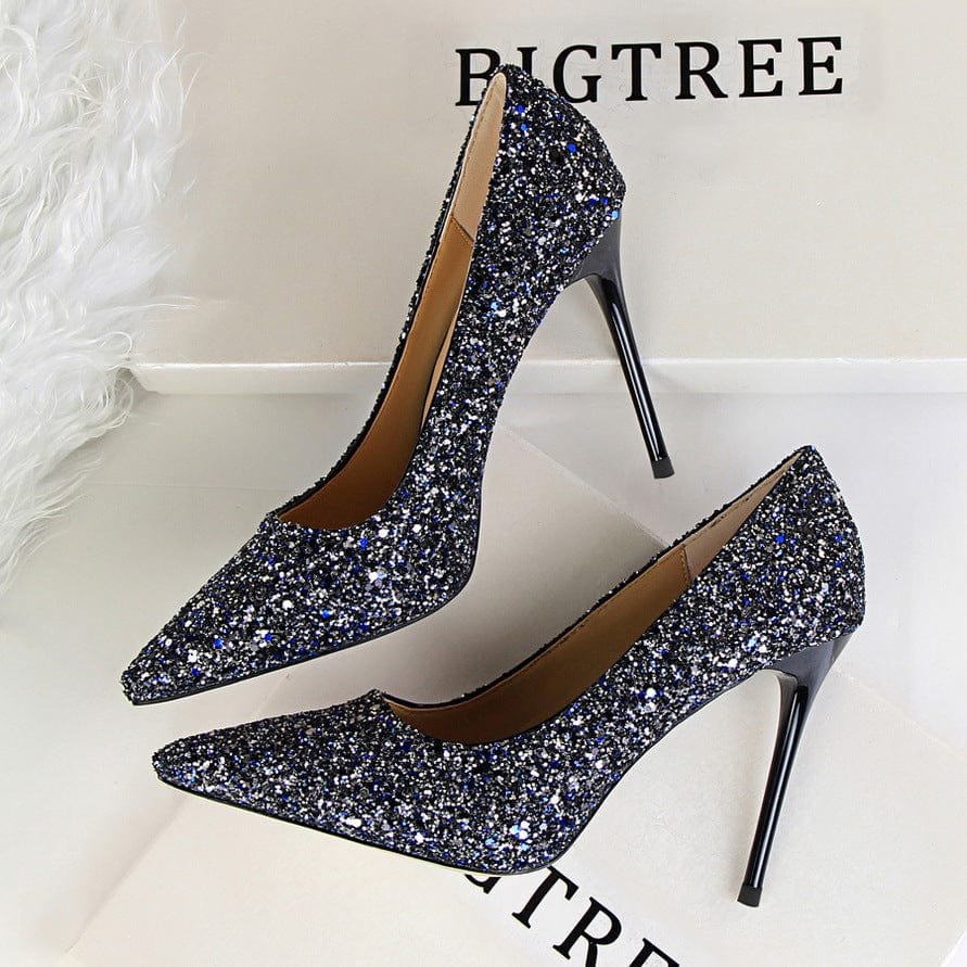 S4675F     High-heel shallow mouth pointed toe sparkling sequins sexy slimming  wedding luxury shoes women