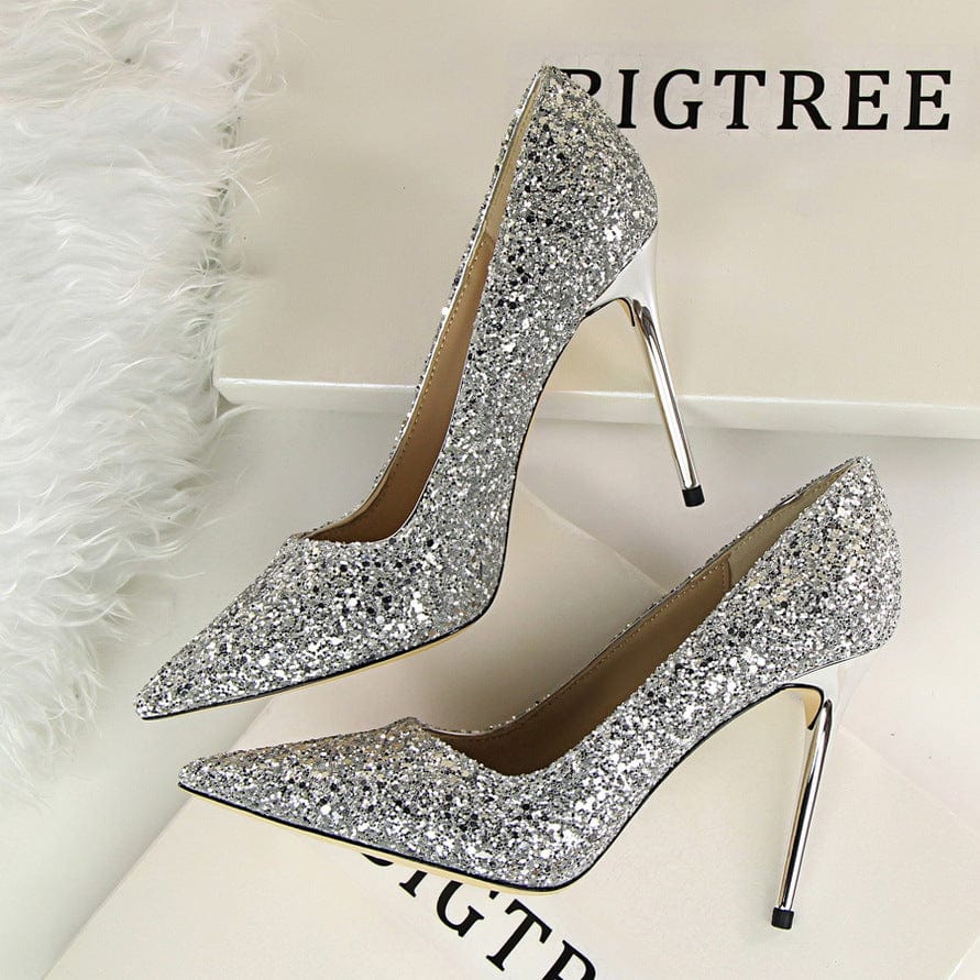S4675F     High-heel shallow mouth pointed toe sparkling sequins sexy slimming  wedding luxury shoes women
