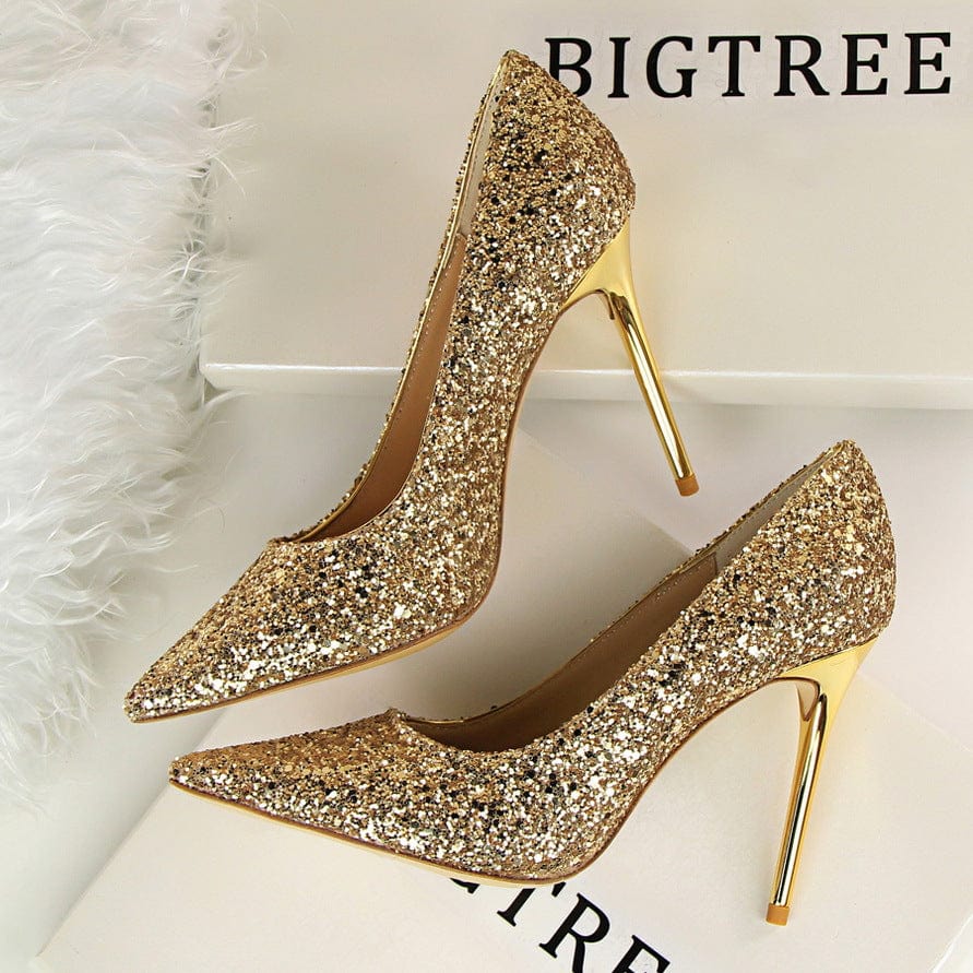 S4675F     High-heel shallow mouth pointed toe sparkling sequins sexy slimming  wedding luxury shoes women