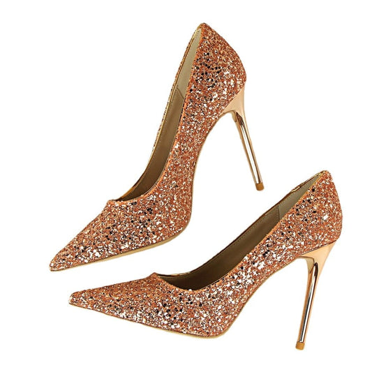 S4675F     High-heel shallow mouth pointed toe sparkling sequins sexy slimming  wedding luxury shoes women
