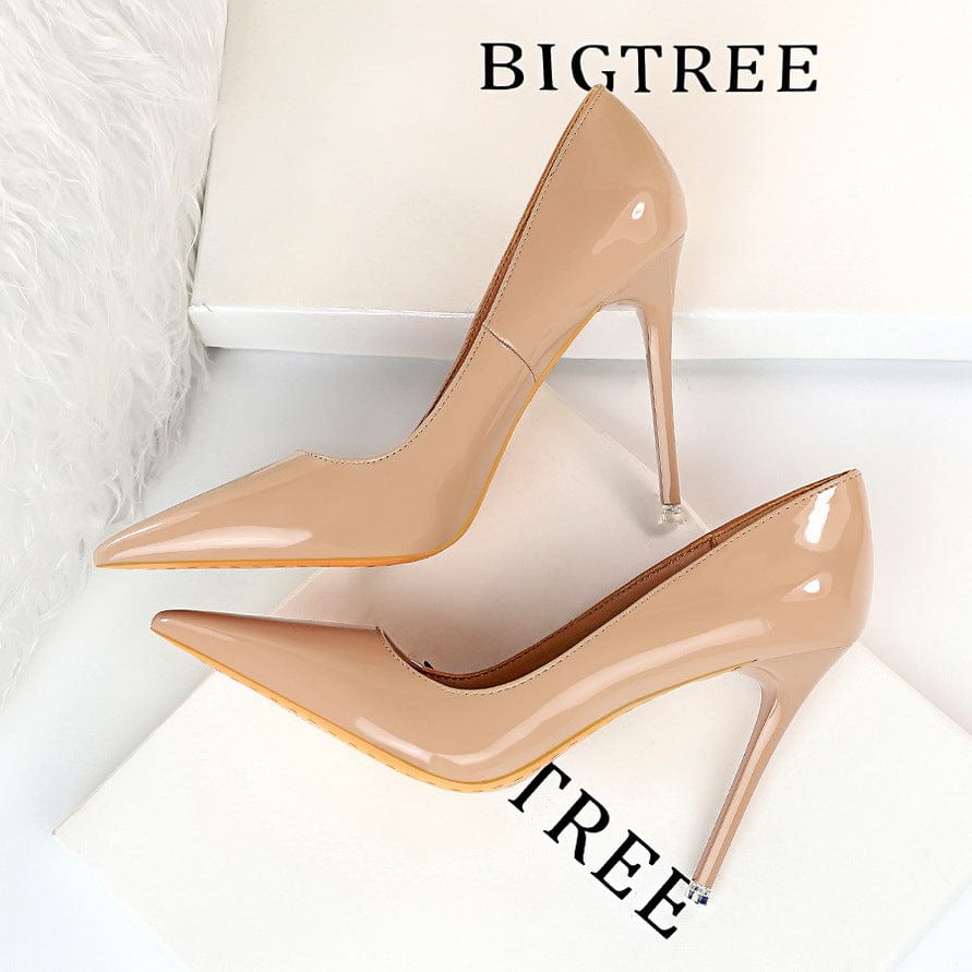 S4676F  Fashion simple stiletto super high heel glossy patent leather shallow mouth pointed toe sexy slimming wedding shoes