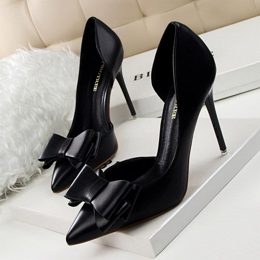 S4679F Fashionable delicate sweet bow high-heeled stiletto shallow mouth pointed toe side hollow elegant wedding shoes