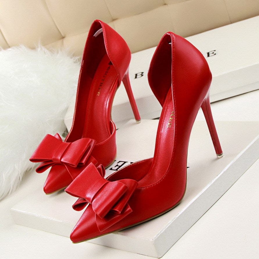 S4679F Fashionable delicate sweet bow high-heeled stiletto shallow mouth pointed toe side hollow elegant wedding shoes