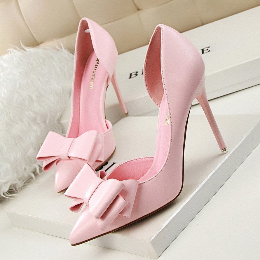 S4679F Fashionable delicate sweet bow high-heeled stiletto shallow mouth pointed toe side hollow elegant wedding shoes