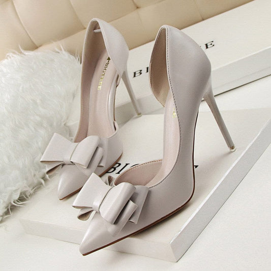 S4679F   Fashionable delicate sweet bow high-heeled stiletto shallow mouth pointed toe side hollow elegant wedding shoes