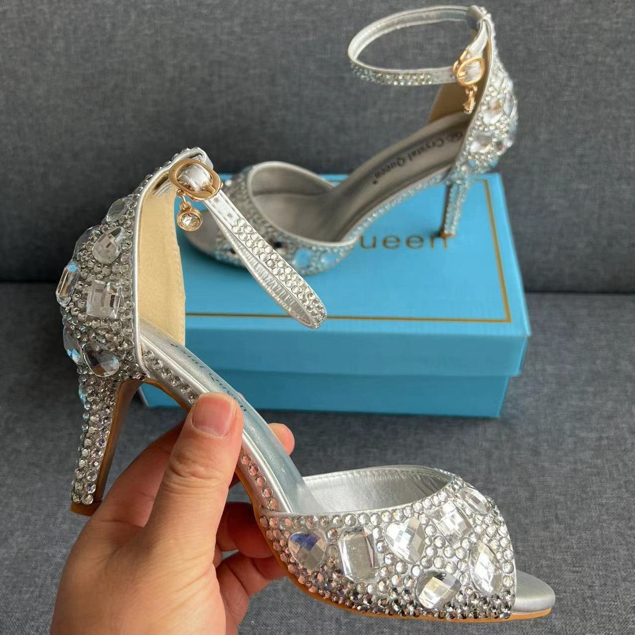 S4828F  7cm Fish Mouth High Heel Shallow Mouth Buckle Large Size Round Toe Crystal Rhinestone Stiletto  bride shoes wedding