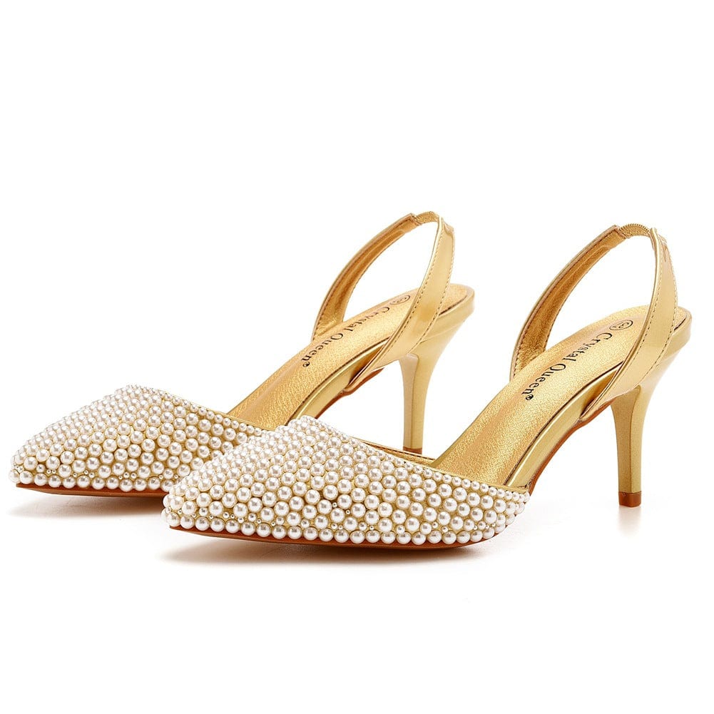 S4831F High quality customized 7cm shallow mouth pointed toe white pearl stiletto large size wedding shoes