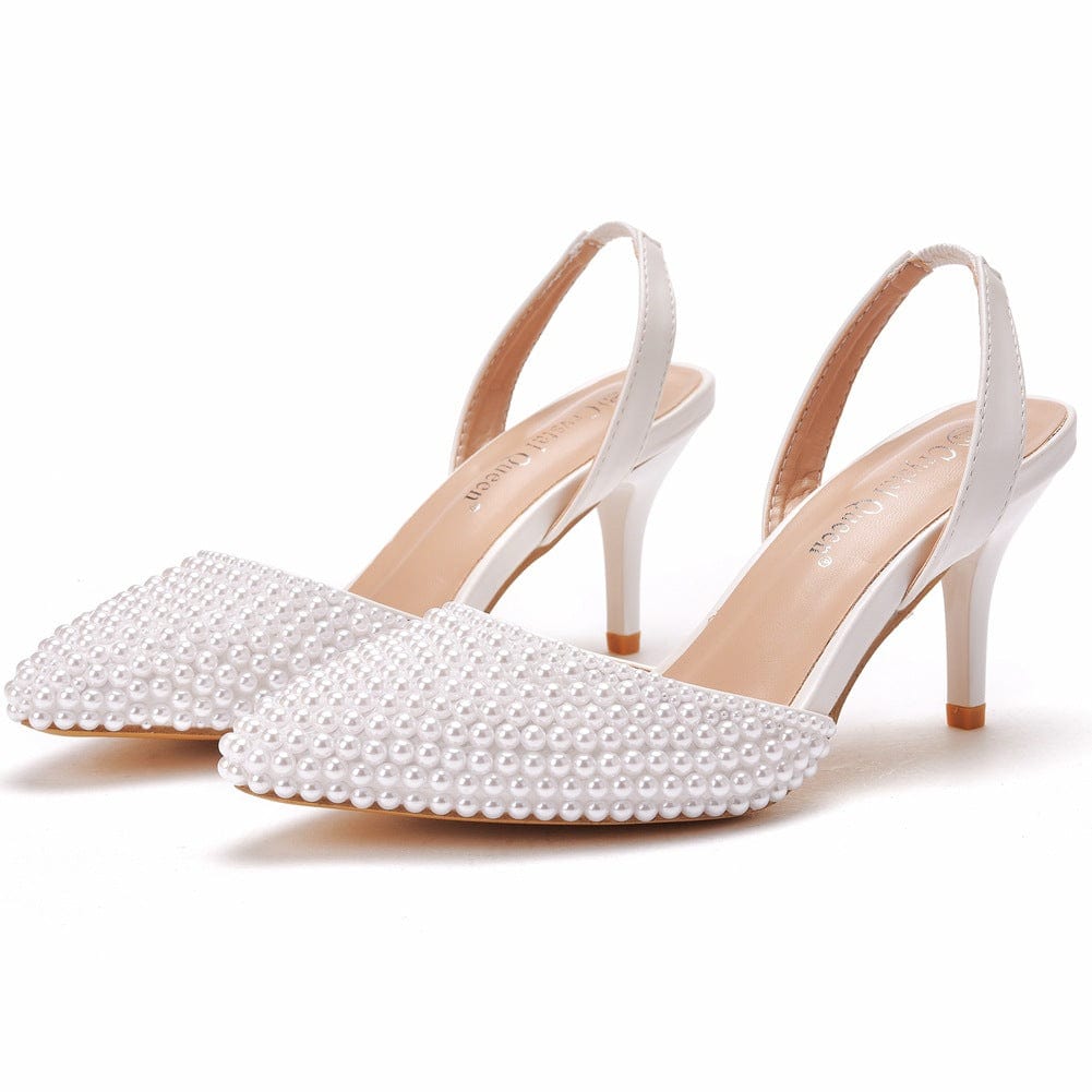 S4831F High quality customized 7cm shallow mouth pointed toe white pearl stiletto large size wedding shoes
