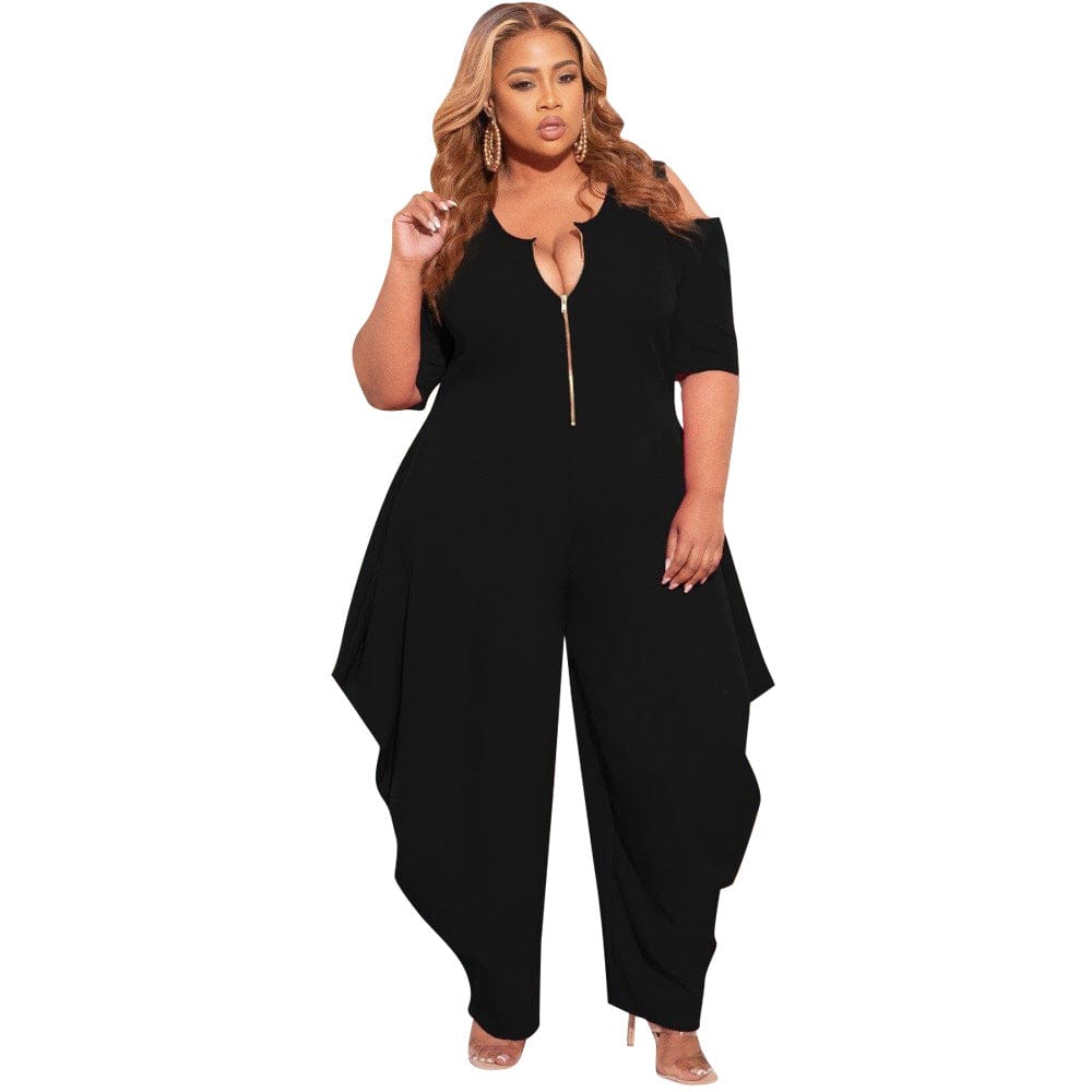 S66305 Fashion Plus Size Women's Solid Color Leaky Shoulder Sexy V-Neck Zipper Ladies Jumpsuit
