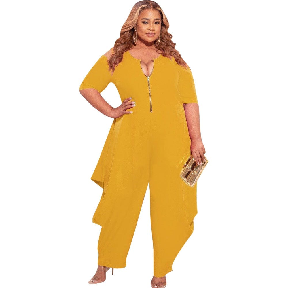 S66305 Fashion Plus Size Women's Solid Color Leaky Shoulder Sexy V-Neck Zipper Ladies Jumpsuit