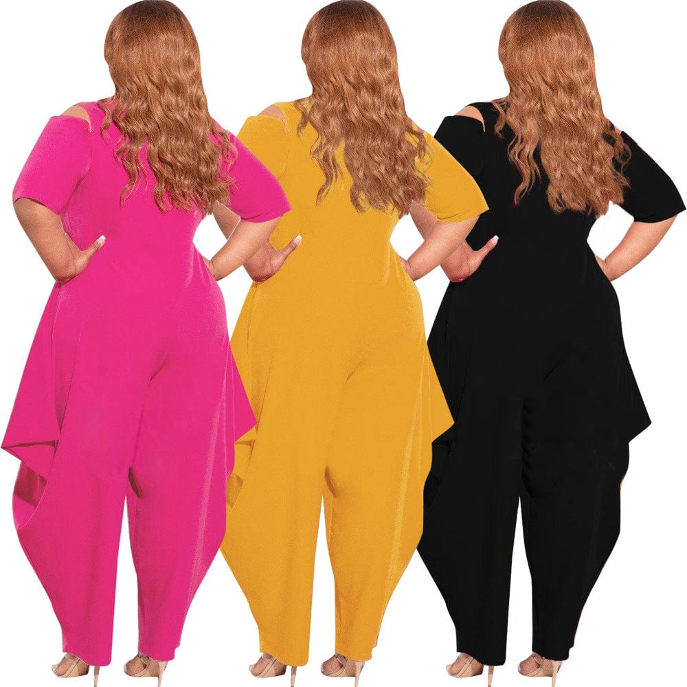 S66305 Fashion Plus Size Women's Solid Color Leaky Shoulder Sexy V-Neck Zipper Ladies Jumpsuit
