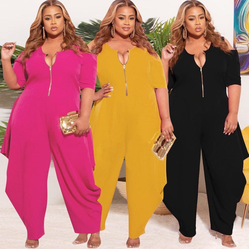 S66305 Fashion Plus Size Women's Solid Color Leaky Shoulder Sexy V-Neck Zipper Ladies Jumpsuit