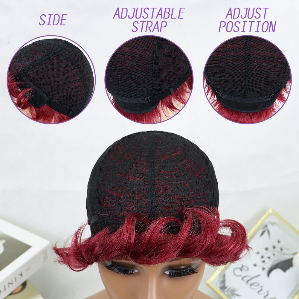 same length with picture / 99J Short Wigs For Women Human Hair Burgundy Color Full Machine Made Human Hair Wig Pixie Cut Wig