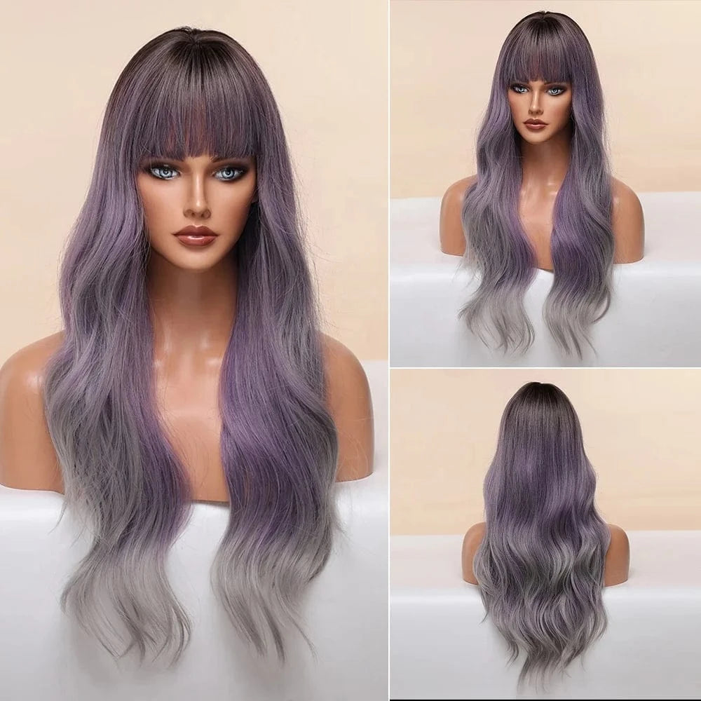 SARLA Whole Sale High Temperature Fiber Wigs Customized Color Cheap Ladies Synthetic Long Body Wave Wigs With Bangs For Women