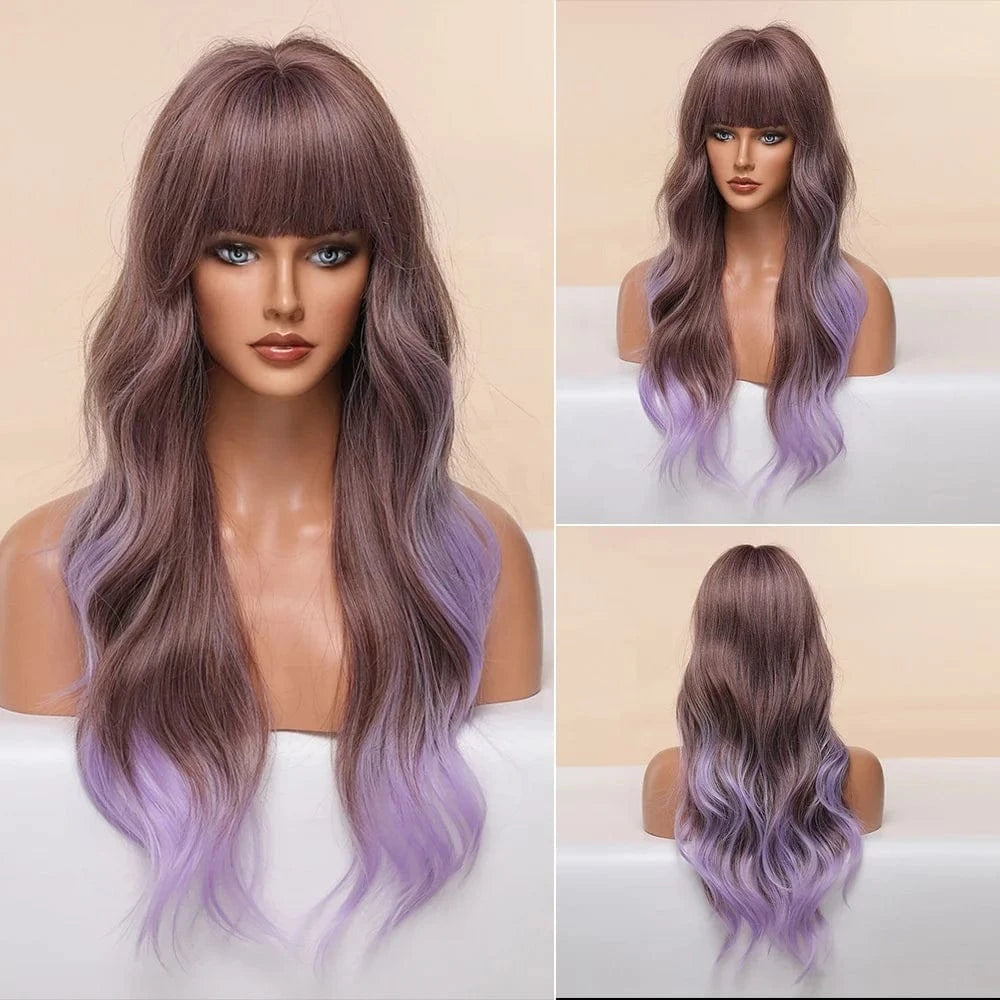 SARLA Whole Sale High Temperature Fiber Wigs Customized Color Cheap Ladies Synthetic Long Body Wave Wigs With Bangs For Women