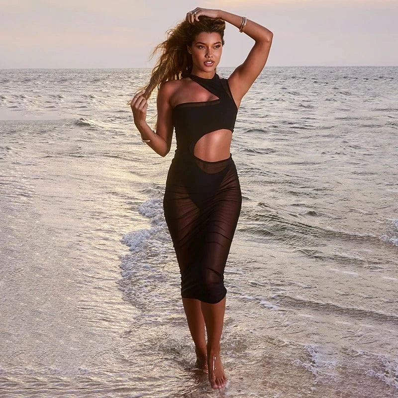 SB2632 Kimshein Dresses Pretty Clothing Women Dress Sexy Mesh One Shoulder Midi Fashion Summer Dress