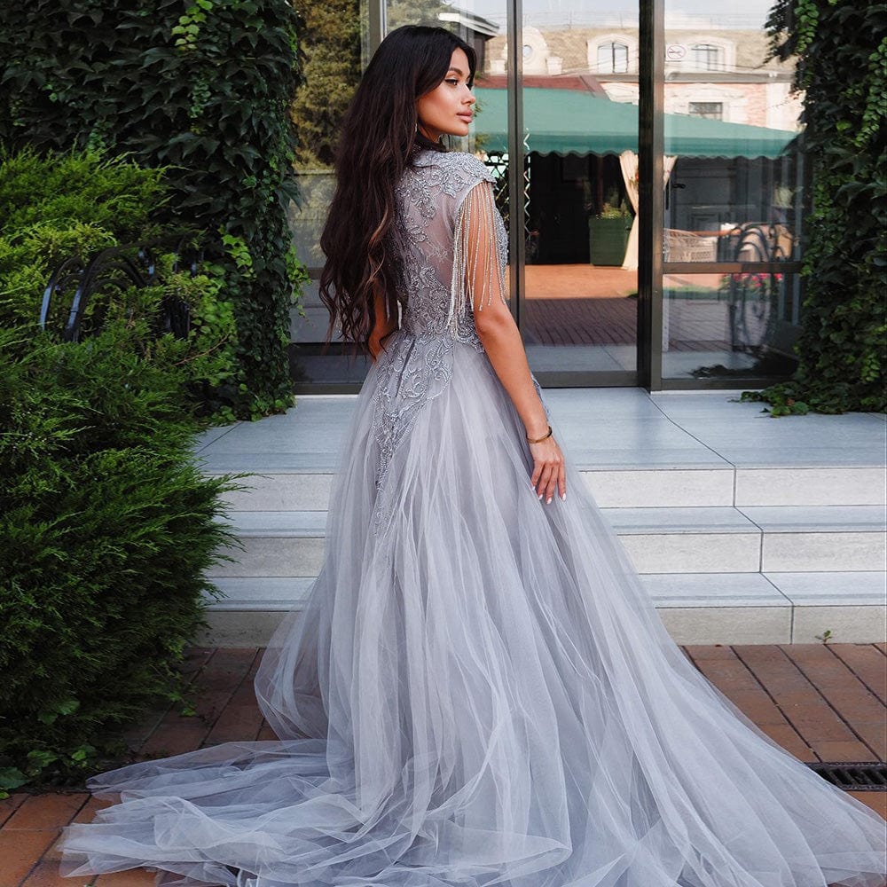 Scz015 Luxury Silver Gray Overskirt Evening Dress For Women Wedding Party Tassel Elegant Arabic Long Plus Size Formal Prom Gowns