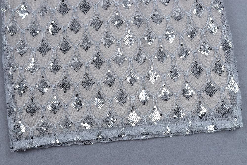 See Through Full Sleeve Silver Sequined Hollow Out Sexy Bodycon Bandage Dress