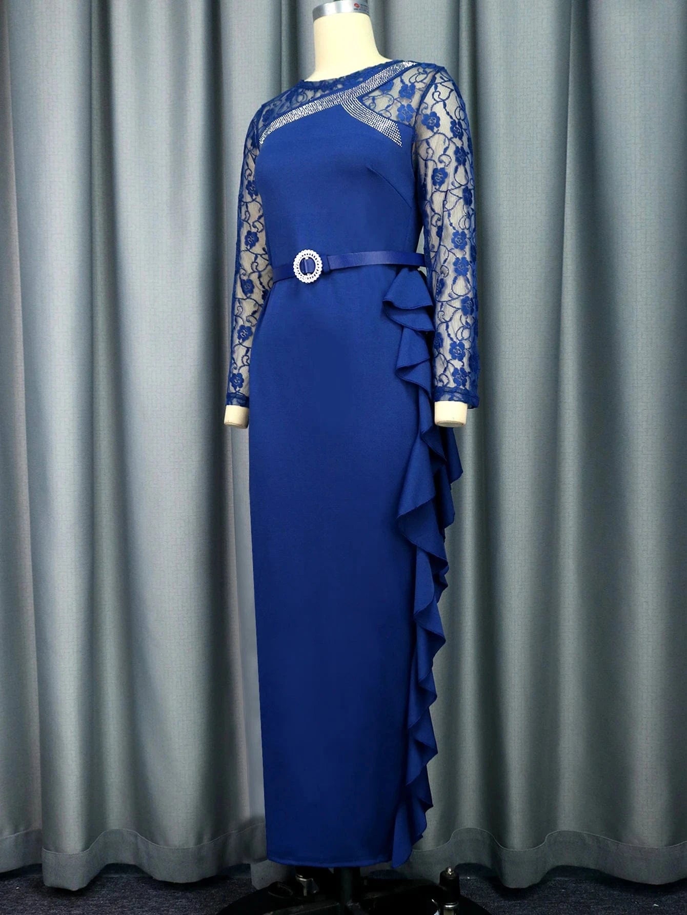 See Through Lace Patchwork Ruffle Waist Belt Lady Evening Elegant Dress