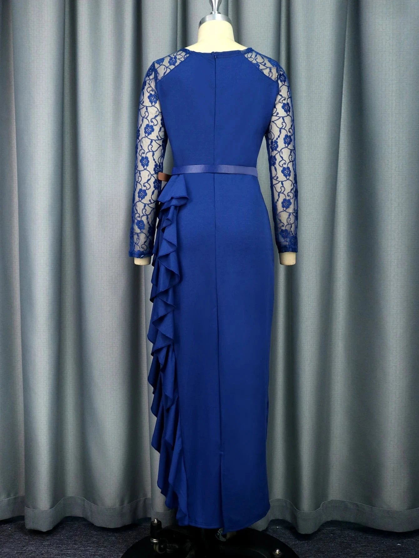 See Through Lace Patchwork Ruffle Waist Belt Lady Evening Elegant Dress