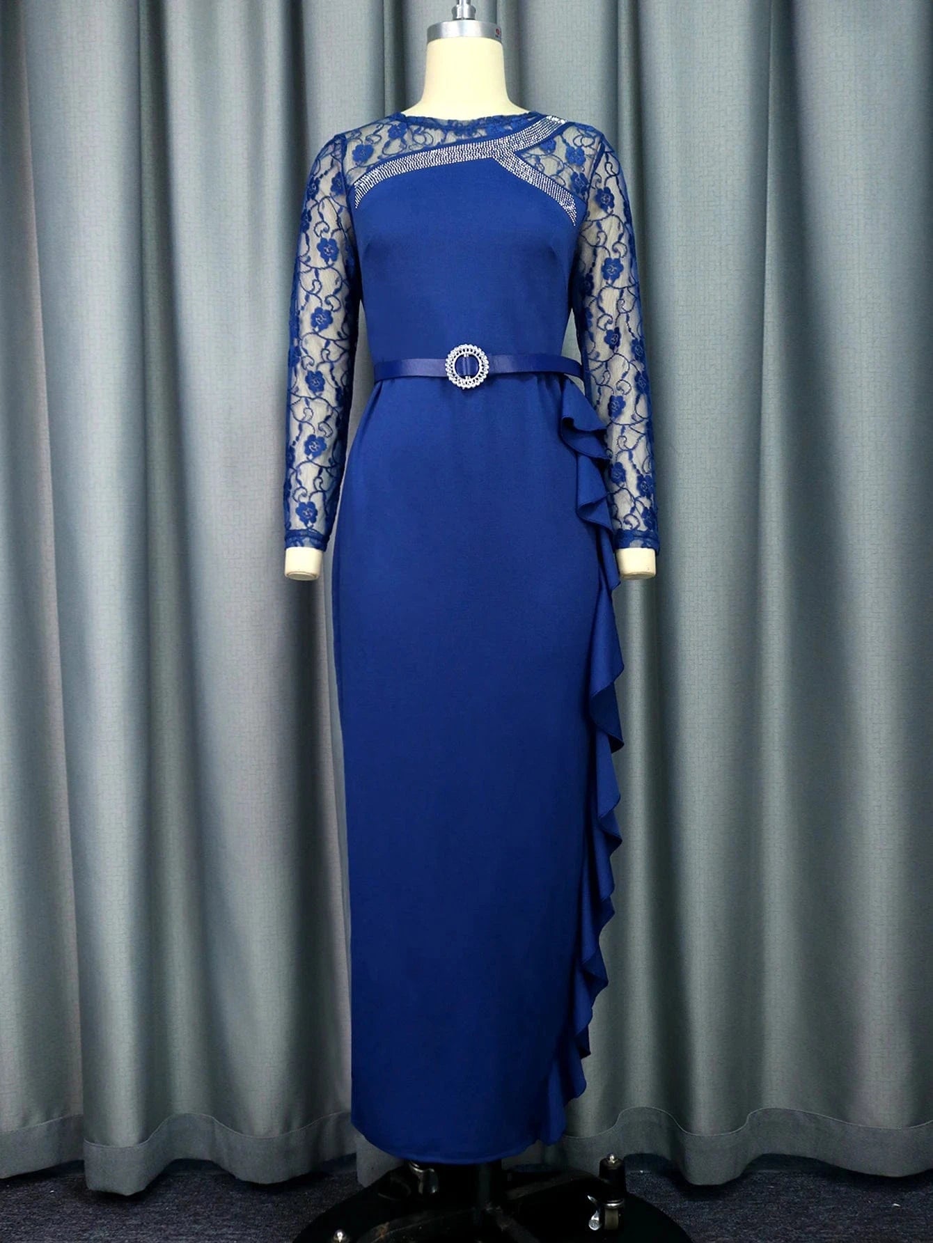See Through Lace Patchwork Ruffle Waist Belt Lady Evening Elegant Dress