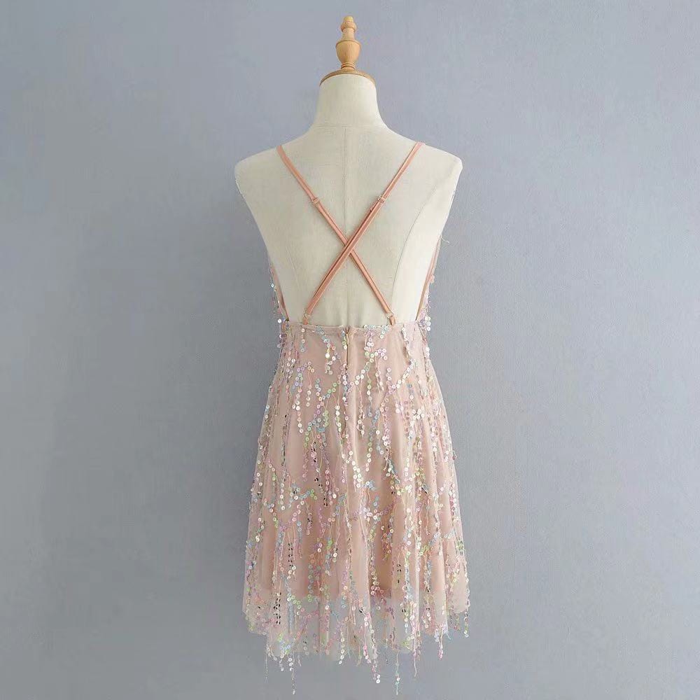 Sequin Backless Casual Tassel Summer Beach Mini Club Party Dress for Women A463 Summer Lady Shiny Nightclub Wear