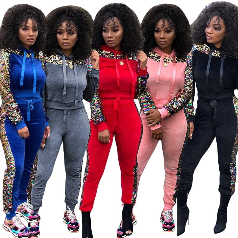 Sequin velvet stitching fashion casual plus size women's two-piece suit