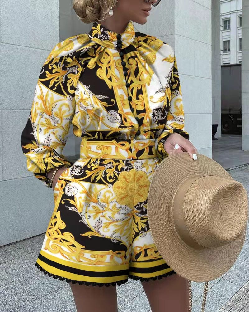 set women Customized European and American autumn and winter women's printed long-sleeved blouse and shorts two-piece