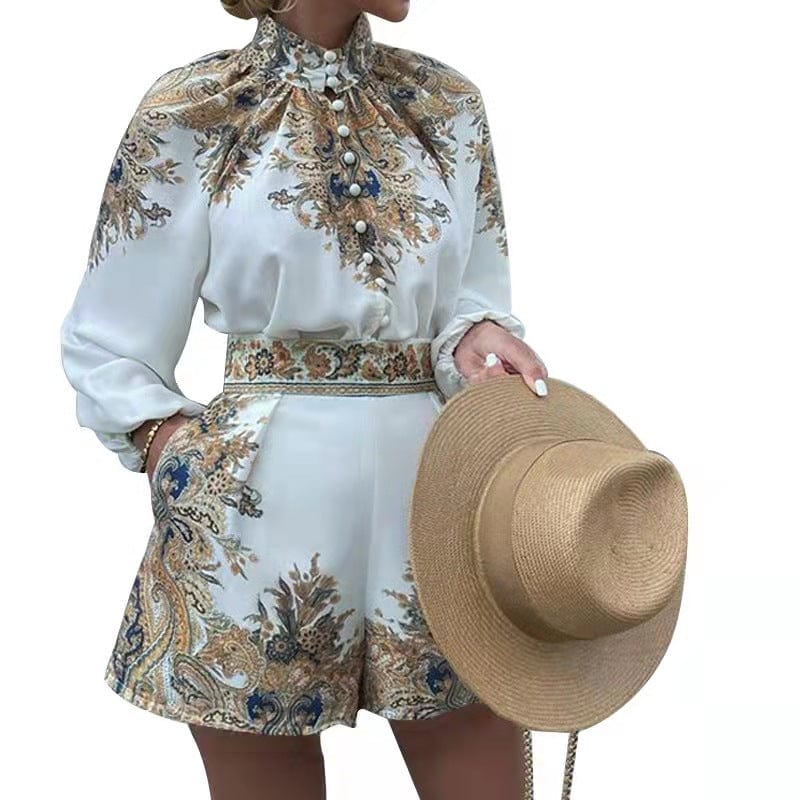 set women Customized European and American autumn and winter women's printed long-sleeved blouse and shorts two-piece