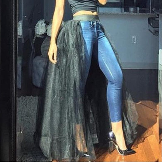 Sexy Autumn Floor Length Soild Mesh Elastic High Waist Women Skirt