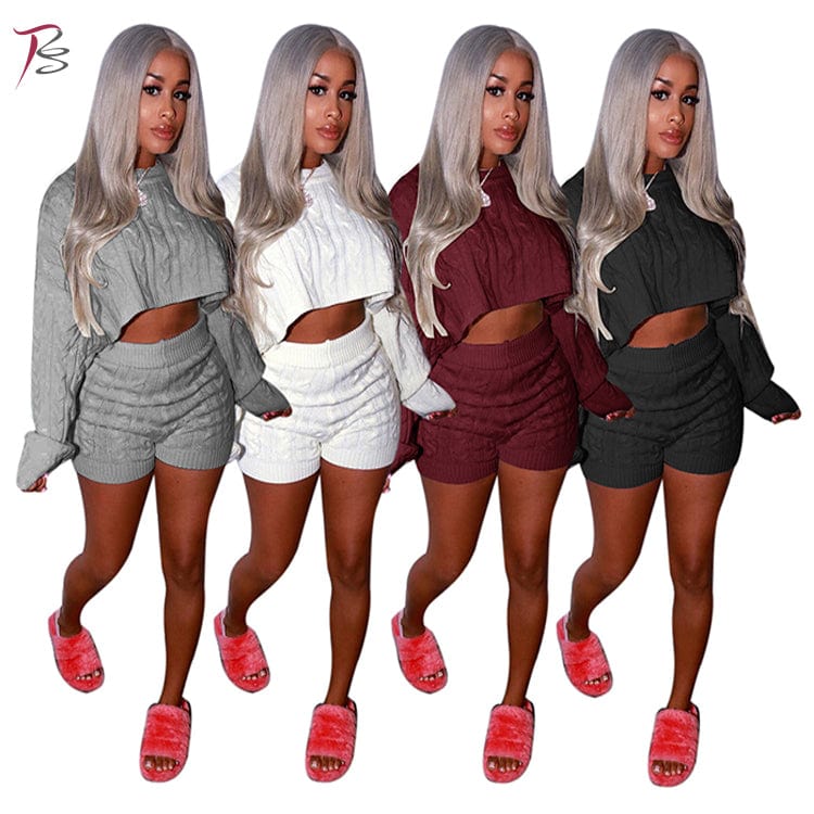 Sexy classic winter sweater solid color wholesale women sweat suits set apparel