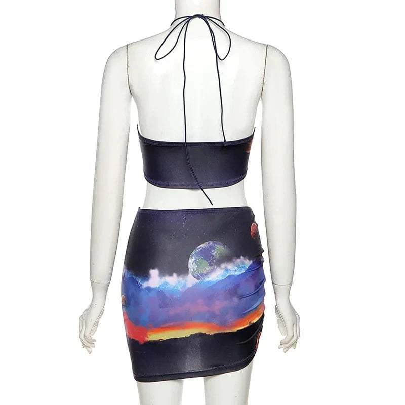 Sexy Club Party 2 Piece Skirt Set Bodycon Dress Halter Sleeveless Sexy Bra with Skirts Women Clothing Two Piece Set