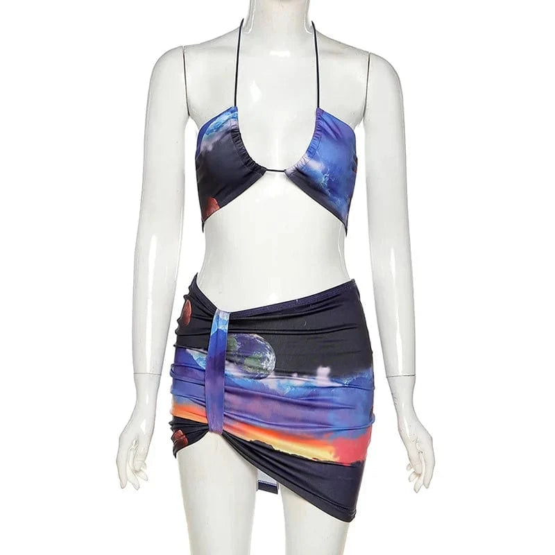 Sexy Club Party 2 Piece Skirt Set Bodycon Dress Halter Sleeveless Sexy Bra with Skirts Women Clothing Two Piece Set