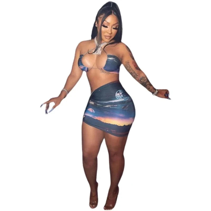 Sexy Club Party 2 Piece Skirt Set Bodycon Dress Halter Sleeveless Sexy Bra with Skirts Women Clothing Two Piece Set