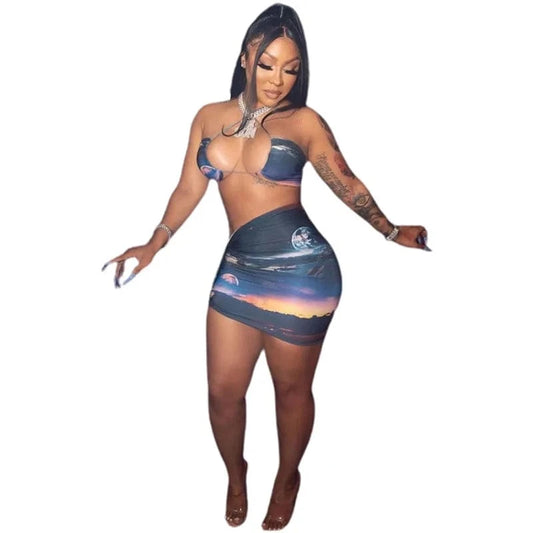 Sexy Club Party 2 Piece Skirt Set Bodycon Dress Halter Sleeveless Sexy Bra with Skirts Women Clothing Two Piece Set
