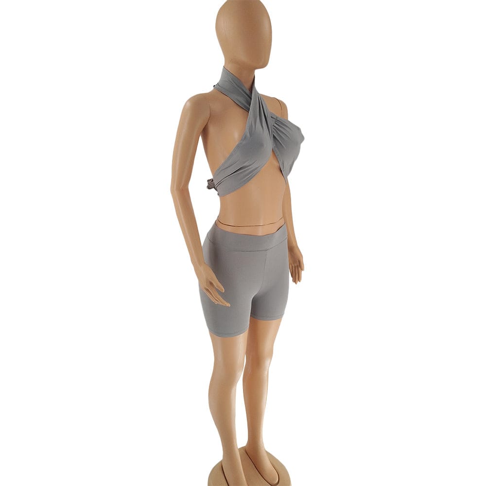 Sexy Cutout Wrapped Halter Backless Crop Top and Shorts