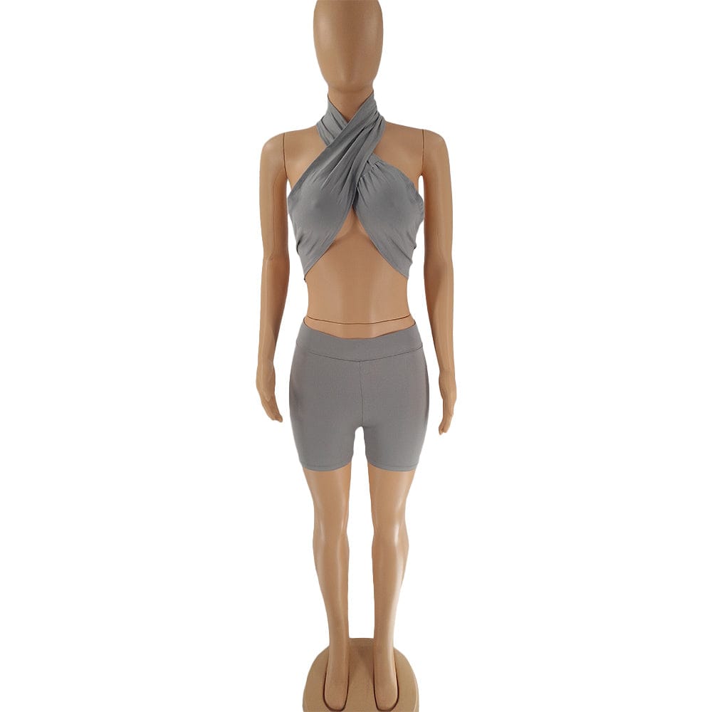 Sexy Cutout Wrapped Halter Backless Crop Top and Shorts