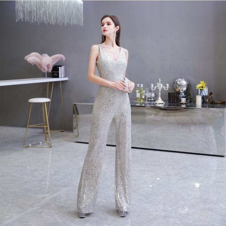 Sexy Fashion Sleeveless V Neck Sliver Sequin Jumpsuit Woman Club Bodysuit